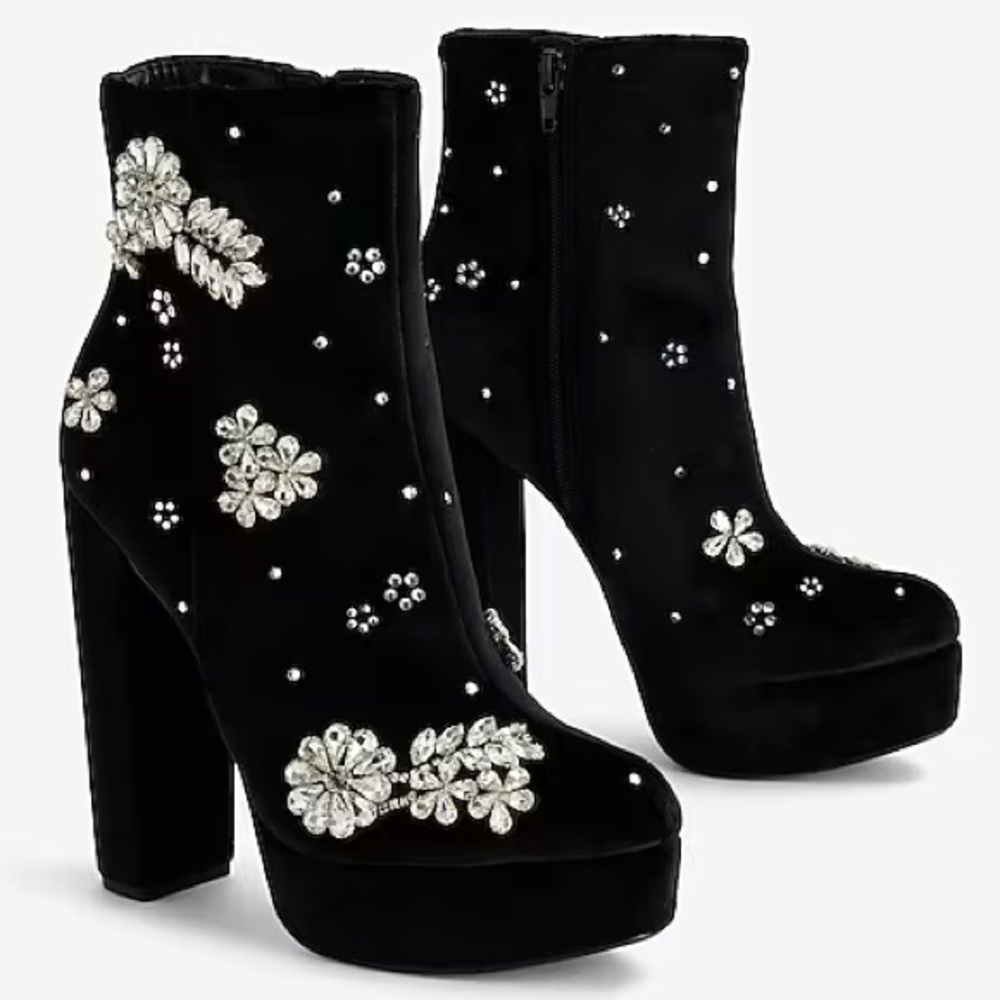 Express Rhinestone Embellished Platform Heeled Ankle Boots Black Size 9